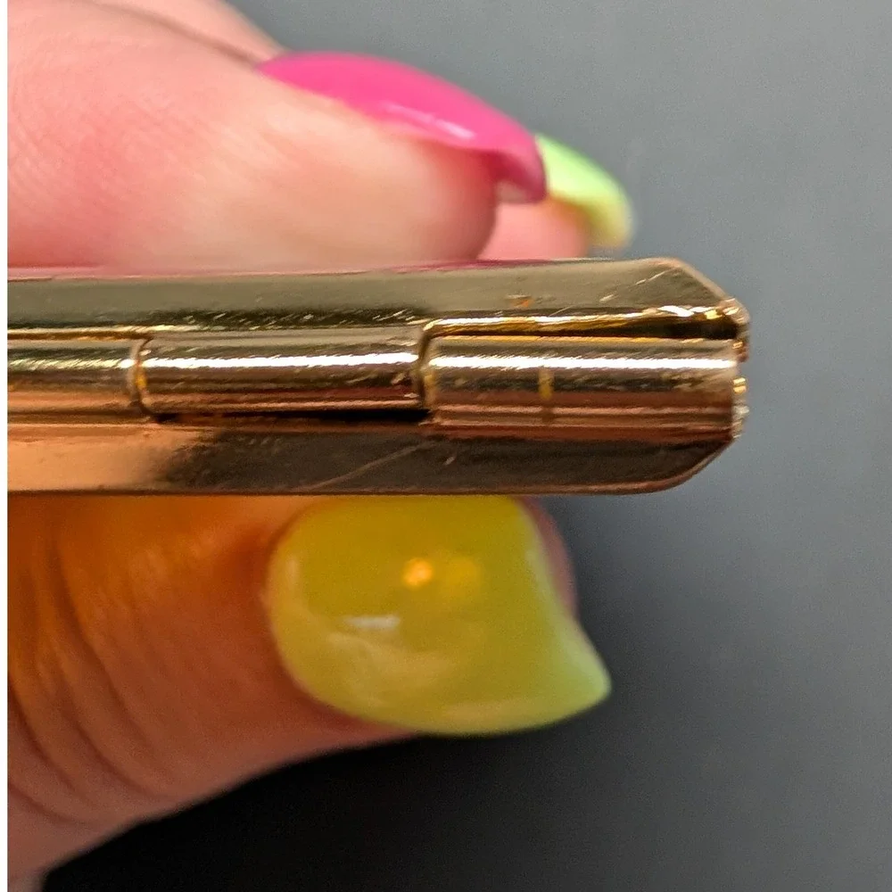 Vintage Gold Tone Cityscape w Moon Marquetry Resin Square Makeup Compact Mirror